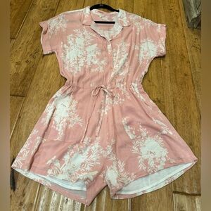 Pink & White Floral Leaf Printed Romper